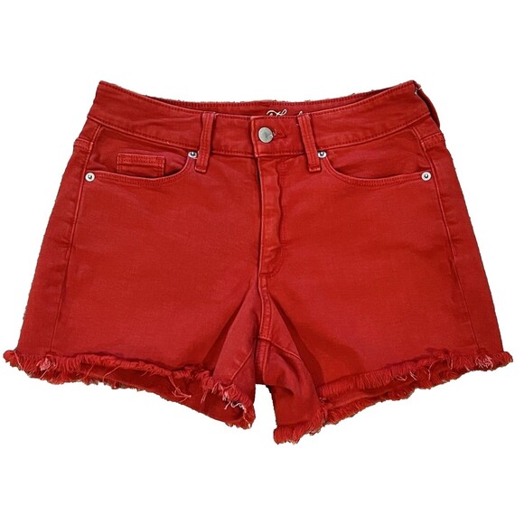 Universal Thread Wmn Red Denim Shorts High Rise Shortie Cut Off Fringe Stretch 2 - Picture 1 of 7